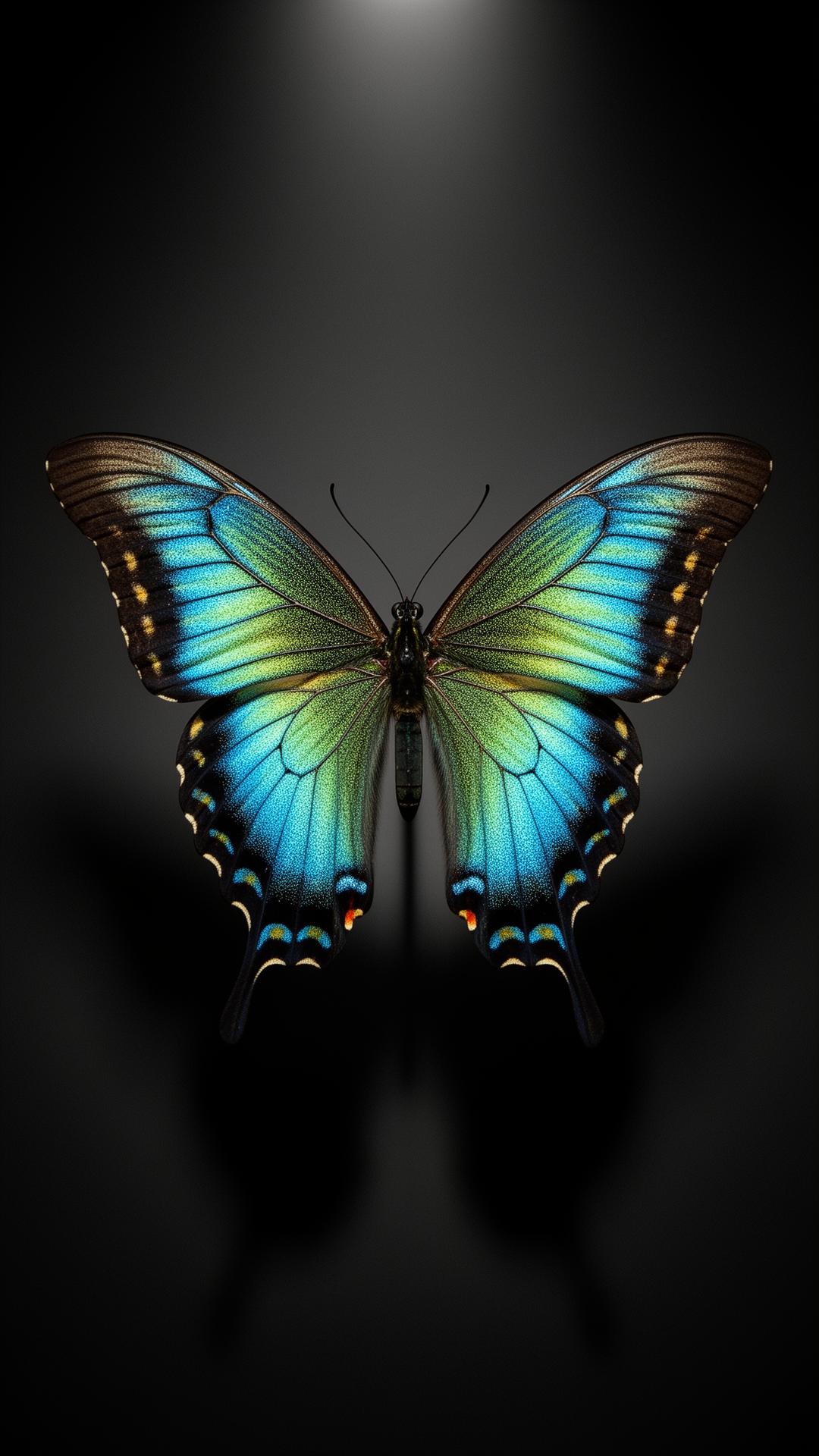 Iridescent swallowtail butterfly specimen on a dark backdrop